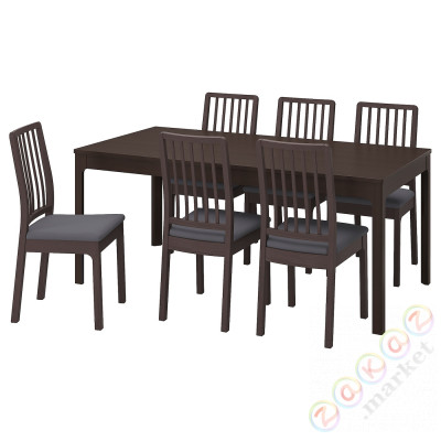 ⭐EKEDALEN / EKEDALEN⭐Таблица и 6 стулья, темно коричневый/Хакебо темно-серый, 180/240 cm⭐ИКЕА-59429434