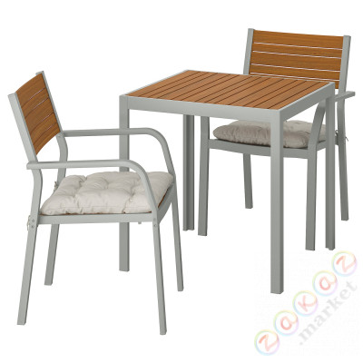 ⭐SJÄLLAND⭐Стол + 2 стулья с подключением, сад, светло-коричневый/Kuddarna темно-серый71x71x73 cm⭐ИКЕА-49287166