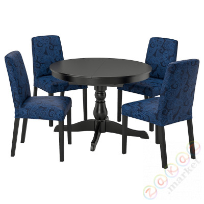 ⭐INGATORP / BERGMUND⭐Таблица и 4 стулья, черный/Kvillsfors ciemnoсиний/синий, 110/155 cm⭐ИКЕА-79428952