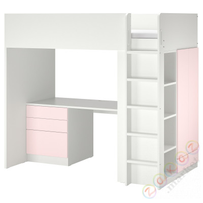 ⭐SMASTAD⭐Кровать-антресоль, белый бледно-розовый/софисыkiem с4 ящики, 90x200 cm⭐ИКЕА-19435489