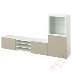 ⭐BESTA⭐Комбинация по ТВ/стаканане дверь, белый/Selsviken глянцевый/ бежевое прозрачное стекло, 240x42x129 cm⭐ИКЕА-99488756