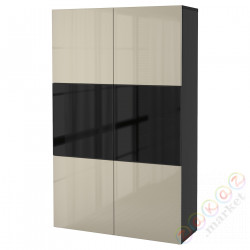 ⭐BESTA⭐Книжный шкаф/стаканане дверь, Черно-коричневый/Selsviken глянцевый/бежевое тонированное стекло, 120x42x193 cm⭐ИКЕА-99124761