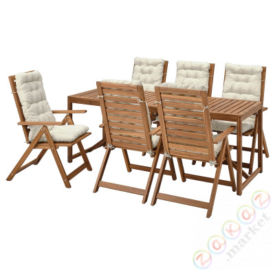 ⭐NAMMARO⭐Стол + 6 разложений. стулья, снаружи, светло-коричневое пятно/Kuddarna бежевый⭐ИКЕА-89491212