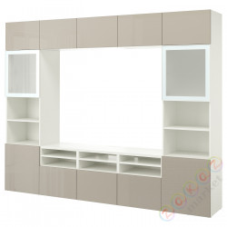 ⭐BESTA⭐Комбинация по ТВ/стаканане дверь, белый/Selsviken глянцевый/ бежевое матовое стекло, 300x42x231 cm⭐ИКЕА-79488804