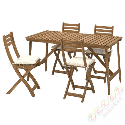 ⭐ASKHOLMEN⭐Таблица +4 складные стулья, сад, темно коричневый/Kuddarna бежевый, 143x75 cm⭐ИКЕА-49530017