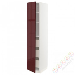 ⭐METOD / MAXIMERA⭐Высокий шкаф с ящики, белый Kallarp/темно-красно-коричневый блеск, 40x60x200 cm⭐ИКЕА-49327214