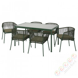 ⭐SEGERON⭐Стол + 6 стульев с подлокотником., снаружи., темно-зеленый/Frösön/Duvholmen темно-бежевыйowo-зеленый, 147 cm⭐ИКЕА-69494848