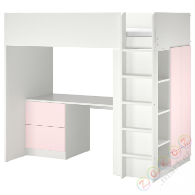 ⭐SMASTAD⭐Кровать-антресоль, белый бледно-розовый/софисыkiem с3 ящики, 90x200 cm⭐ИКЕА-89437423