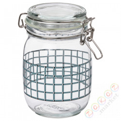⭐KORKEN⭐Банка с крышкой, Чистое стекло/решетка серо-голубой, 1 l⭐ИКЕА-60564685