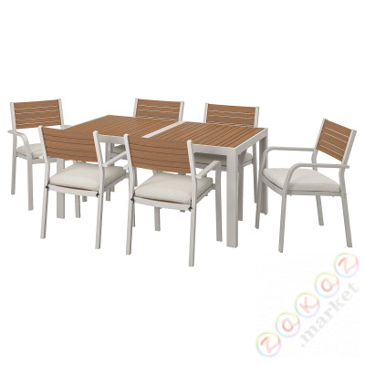 ⭐SJÄLLAND⭐Стол + 6 стульев с подлокотником., снаружи., светло-коричневый/Frösön/Дувхольмен бежевый156x90 cm⭐ИКЕА-39266225