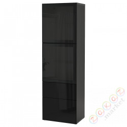 ⭐BESTA⭐Книжный шкаф/стаканане дверь, Черно-коричневый/Selsviken глянцевый/черное дымчатое стекло, 60x42x193 cm⭐ИКЕА-69301114