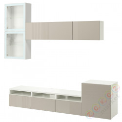 ⭐BESTA⭐Комбинация по ТВ/стаканане дверь, белый/Selsviken глянцевый/ бежевое прозрачное стекло, 300x42x211 cm⭐ИКЕА-09488770