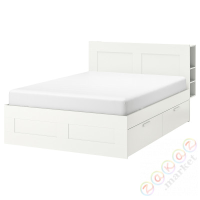 ⭐BRIMNES⭐Каркас кровати с контейнером, подголовник, белый/Leirsund, 160x200 cm⭐ИКЕА-99157474