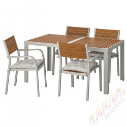 ⭐SJÄLLAND⭐Таблица +4 стулья с подлокотниками., снаружи., светло-коричневый/Kuddarna Серый156x90 cm⭐ИКЕА-59291506