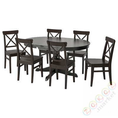 ⭐INGATORP / INGOLF⭐Таблица и 6 стулья, черный/темно коричневый, 110/155 cm⭐ИКЕА-49483308