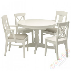⭐INGATORP / INGOLF⭐Таблица и 4 стулья, белый/Нордвалла бежевый, 110/155 cm⭐ИКЕА-59254165