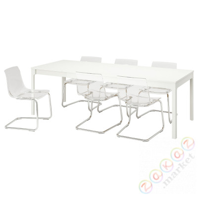 ⭐EKEDALEN / TOBIAS⭐Таблица и 6 стулья, белый/прозрачный хром, 180/240 cm⭐ИКЕА-59482921