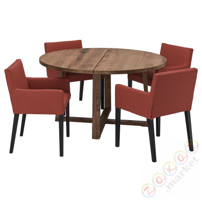 ⭐MORBYLANGA / MARENAS⭐Стол + 4 стулья с подлокотникамиietnikami, дубовый вейп черный/Gunnared красно-коричневый, 145 cm⭐ИКЕА-79520106